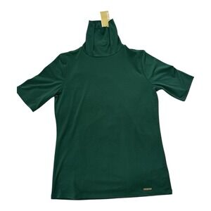 NWT MICHAEL KORS Short Sleeve Turtleneck Top Emerald Green Stretch Jersey Knit M